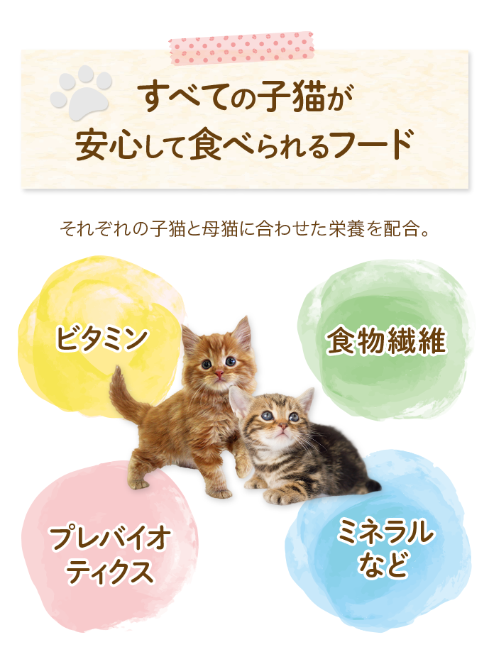すべての子猫が安心して食べられるフード それぞれの子猫と母猫に合わせた栄養を配合。 ビタミン 食物繊維 プレバイオティクス ミネラルなど