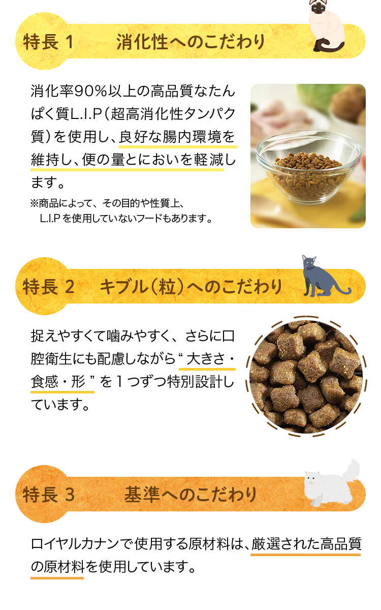 特長1 消化性へのこだわり 消化率90%以上の高品質なたんぱく質L.I.P（超高消化性タンパク質）を使用し、良好な腸内環境を維持し、便の量とにおいを軽減します。 ※商品によって、その目的や性質上、L.I.Pを使用していないフードもあります。 特長2 キブル（粒）へのこだわり 捉えやすくて噛みやすく、さらに口腔衛生にも配慮しながら“大きさ・食感・形”を1つずつ特別設計しています。 特長3 基準へのこだわり ロイヤルカナンで使用する原材料は、厳選された高品質の原材料を使用しています。
