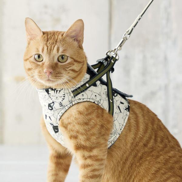 ハンドルベスト　ねこいっぱい柄 ホワイト　※リードは含まれません