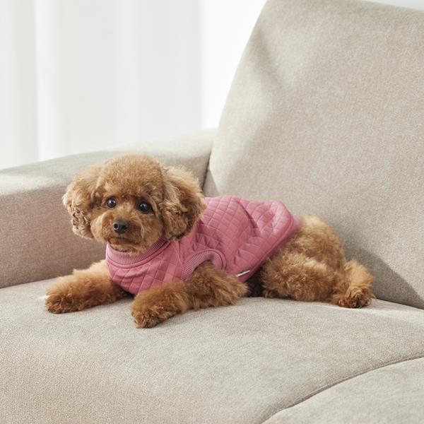 【犬と生活】リラックスキルトベスト ピンク/バスト42のサイズ着用。モデルサイズ：バスト36cm