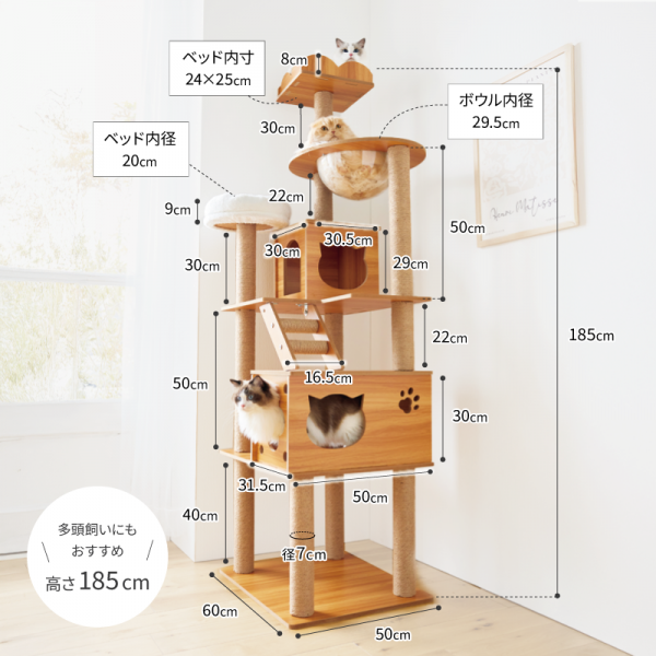 木製アスレチックタワー　ハイタイプ（高さ185cm　据え置き型　ハウス　多頭飼い） 