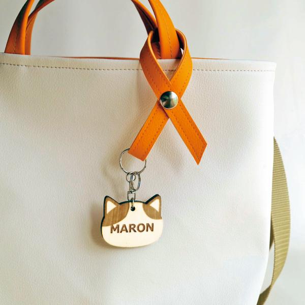 うちの猫 木製チャーム リボンキーホルダー オレンジ・ミケ