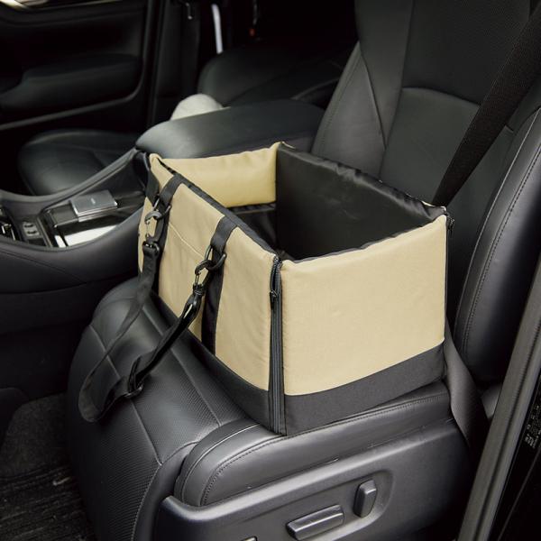 ドライブキャリーベッド 【座席に装着する場合】シートベルトを側面のループに通し、ショルダーベルト２本をつなげてヘッドレストに装着して固定します。