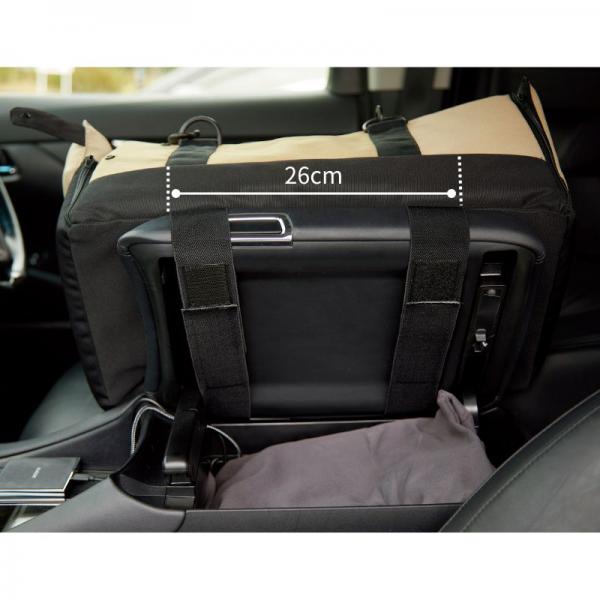 ドライブキャリーベッド 【アームレストに装着する場合】アームレストのふたを開け、底面の２本のベルトで固定します。