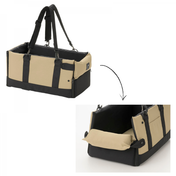 ドライブキャリーベッド ベージュ/側面を半分開けてボタンを留めるとあごのせクッションに。