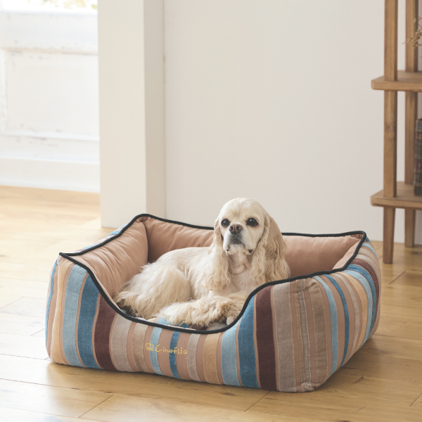 ベルベットストライプスクエアベッド L・ベージュ