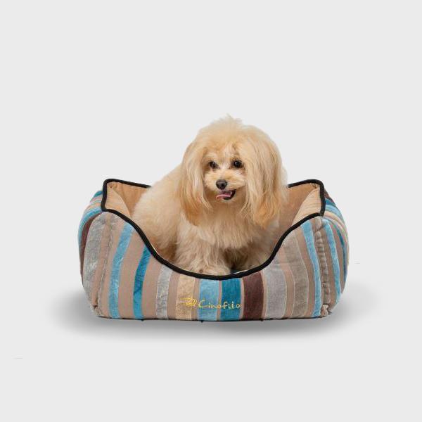 ベルベットストライプスクエアベッド S・ベージュ