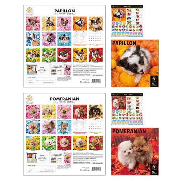 ピクトワンＬ版 カレンダー　２０２６ パピヨン、ポメラニアン