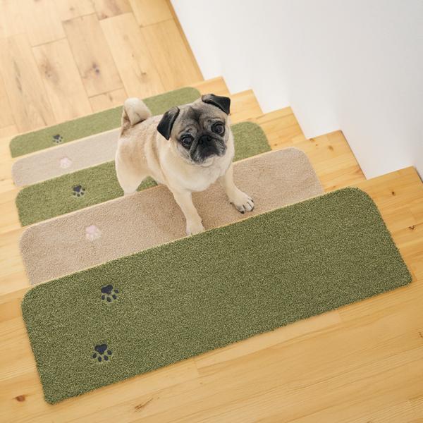 ラグタスワイド階段マット　てくてく肉球 ベージュ、グリーン