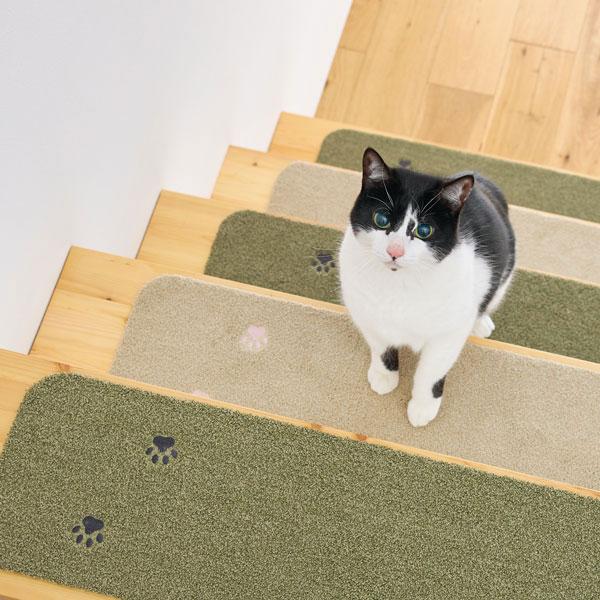 ラグタスワイド階段マット　てくてく肉球 ベージュ、グリーン