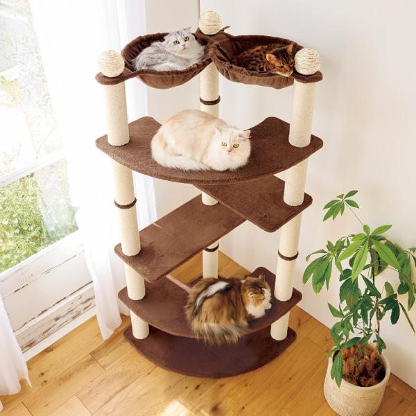 多頭用大きなダブルハンモックタワー（高さ170cm　据え置き型　多頭飼い　大型猫） ブラウン