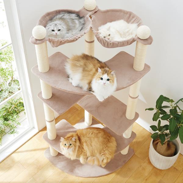 多頭用大きなダブルハンモックタワー（高さ170cm　据え置き型　多頭飼い　大型猫） モカベージュ