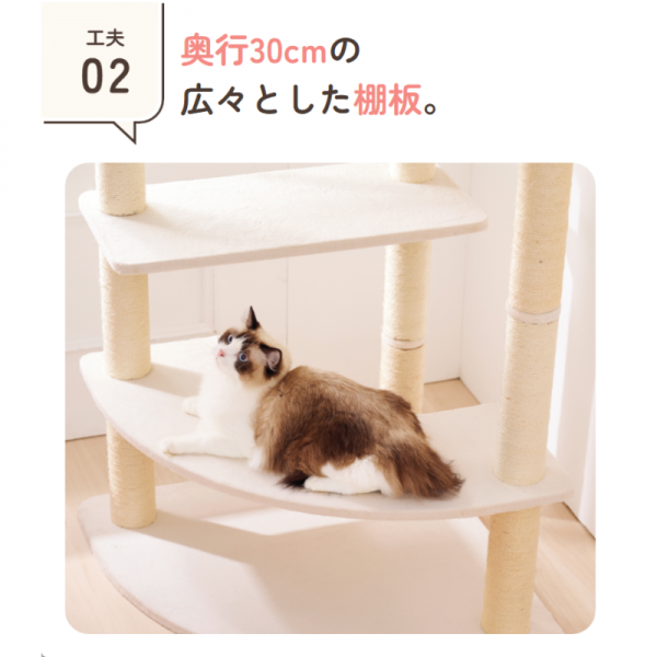 多頭用大きなダブルハンモックタワー（高さ170cm　据え置き型　多頭飼い　大型猫） 幅広なので登り降りがしやすく、のびのびくつろげる。厚みは2cmあり、たわむことのない丈夫なつくり