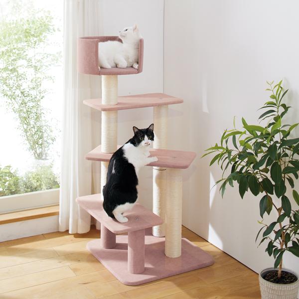 のぼりやすいらせんステップタワー（高さ119cm 据え置き型 シニア猫 子猫） スモーキーピンク