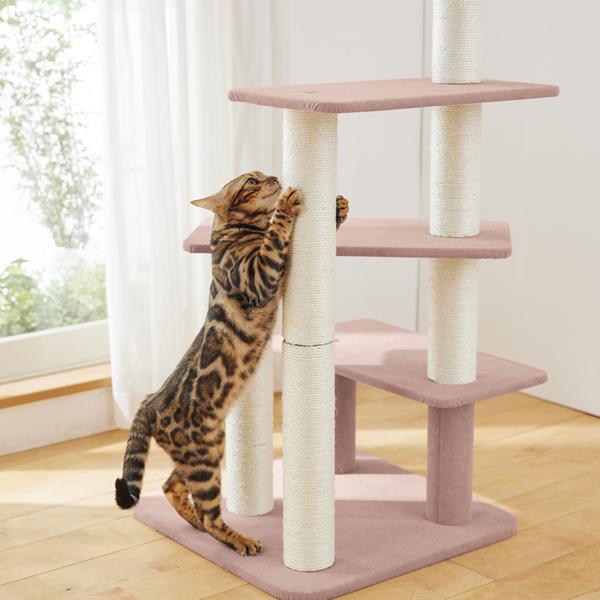 のぼりやすいらせんステップタワー（高さ119cm 据え置き型 シニア猫 子猫） 長い麻縄柱で、のびのび爪とぎ。75cm（柱B×2本）の爪とぎ柱で体をのばして思い切り爪とぎができます。
