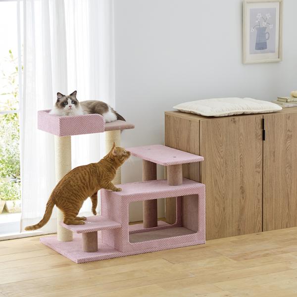 シニア猫にやさしいローステップタワー（高さ72cm 据え置き型 シニア猫 子猫） スモーキーピンク