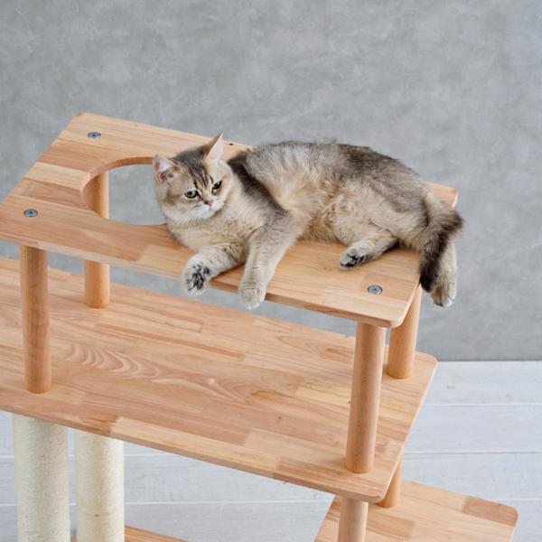 天然木のキャットシェルフ（高さ86cm 据え置き型 天然木） てっぺんで脚を伸ばしてくつろげます。