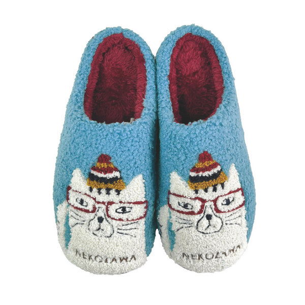相良刺しゅう ルームシューズ ネコザワさん柄ブルー
