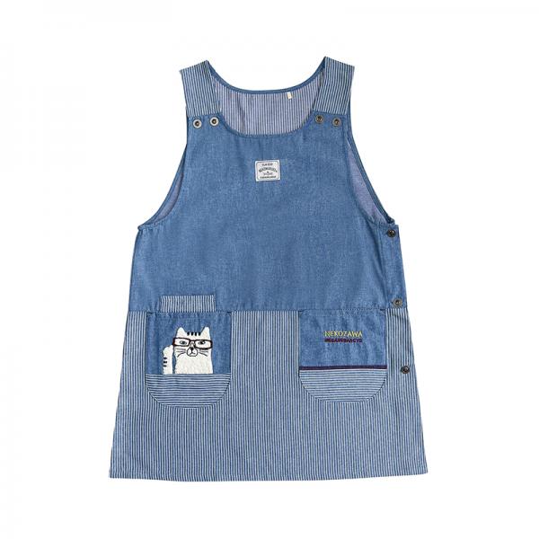 ネコまるけ　デニム調 脇釦あきエプロン ブルー