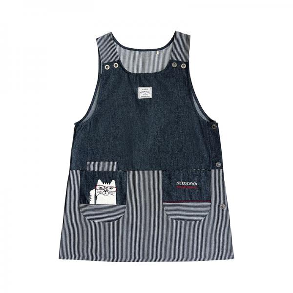 ネコまるけ　デニム調 脇釦あきエプロン ネイビー