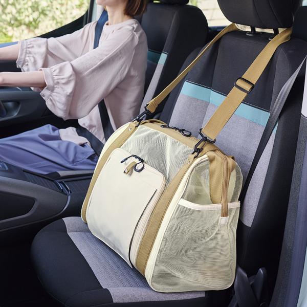 パカット　メッシュキャリーバッグ 車のシートベルトに固定できます。