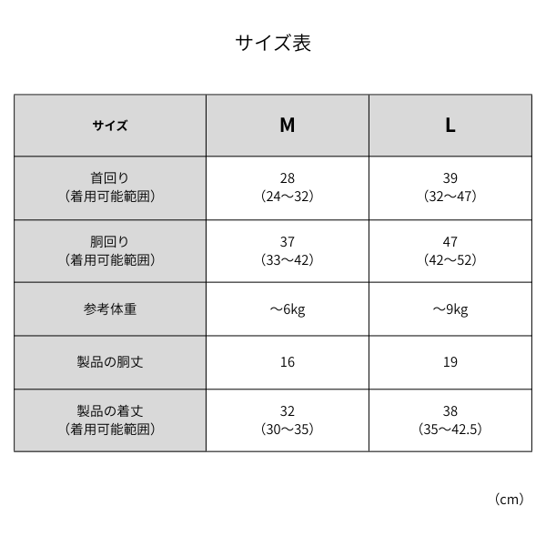 歩行補助ハーネスＬａＬａＷａｌｋ小型犬用 サイズ表