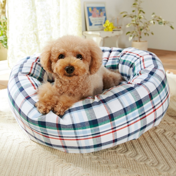 さわやかコットン ベーグルベッド（旧：さわやかマリンベーグルベッド） S・チェック／縁と中心部の二重構造だから、もたれたりあごを乗せたりできます。／座面部分に防ダニ綿を使用。