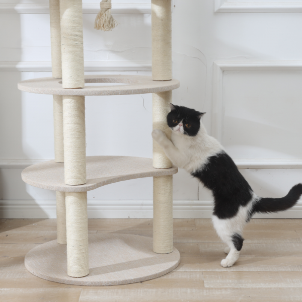 ラウンド型キャットタワー（高さ170cm　据え置き型　多頭飼い　大型猫） 柱は麻縄巻きで爪とぎできます。
