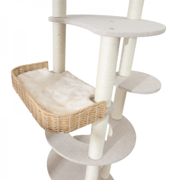 ラウンド型キャットタワー（高さ170cm　据え置き型　多頭飼い　大型猫） ベッドにはふち＆マット付きでくつろげる