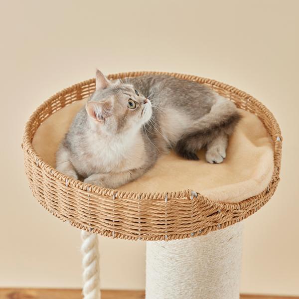 天然木キャットツリー（高さ94cm 据え置き型 天然木） 冬は付属のボアマットでぬくぬく。夏用のござマットも付属しています。