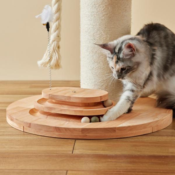 天然木キャットツリー（高さ94cm 据え置き型 天然木） レーンを走る楽しいおもちゃ