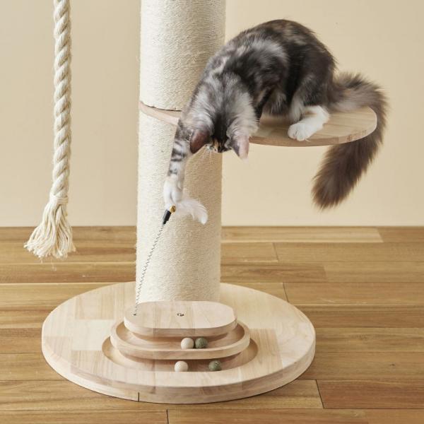 天然木キャットツリー（高さ94cm 据え置き型 天然木） ふわふわ羽根つきのじゃらし付き。（取り外し可能）
