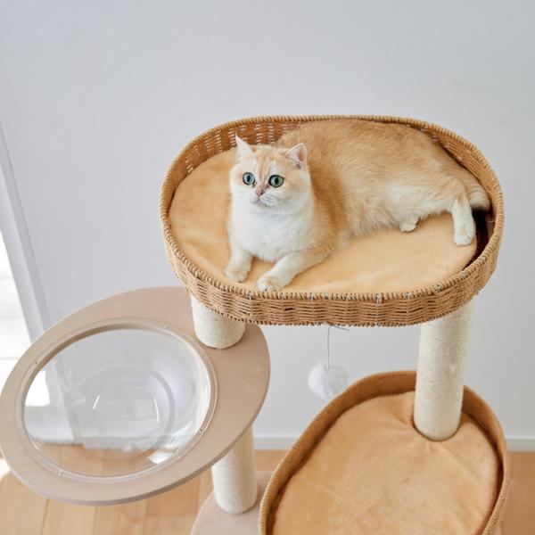 透明ボウル付きキャットタワー（高さ129cm 据え置き型） 冬は付属のボアマットでぬくぬく。夏用ござマットも付属しています。