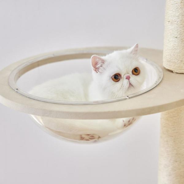 透明ボウル付きキャットタワー（高さ129cm 据え置き型） 内径29㎝のゆったりカップ。