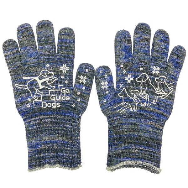 わんことの見守りがわかる軍手 ＭＩＸカラー 表側は盲導犬と見守る仲間たちのイラスト。両面はすべて蓄光プリント。