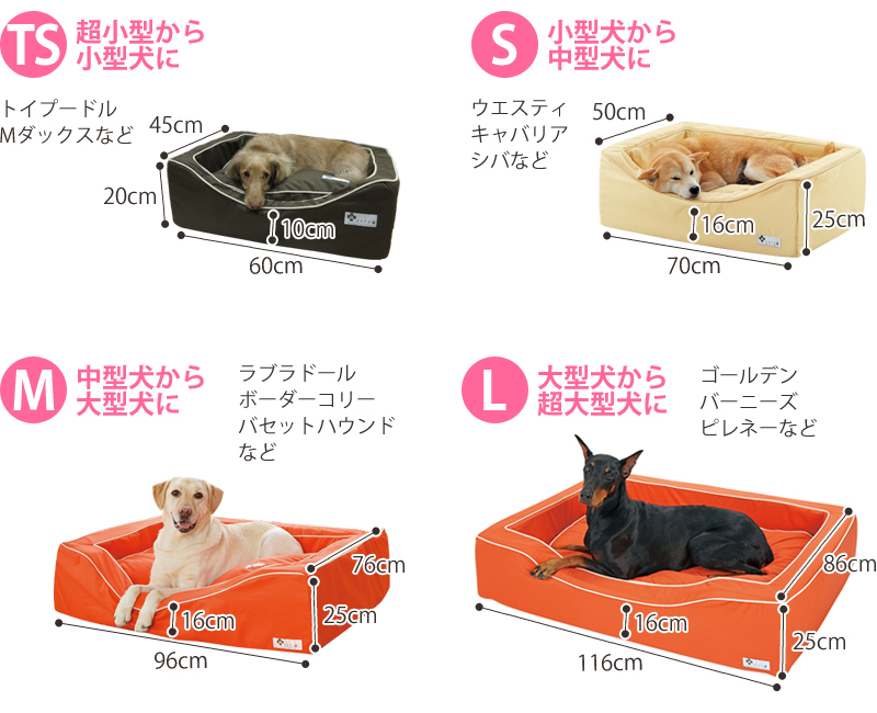 超小型犬・小型犬・中型犬・大型犬・超大型犬まで対応できるベッド